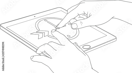 Tablet computer with interactive clock display being operated by human hands for efficient time usage