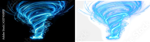 Glowing blue tornado, neon weather effect, stormy illustration, abstract design element