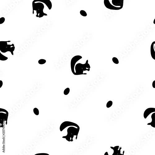 Seamless pattern black silhouette of squirrel with nuts on white, vector eps 10