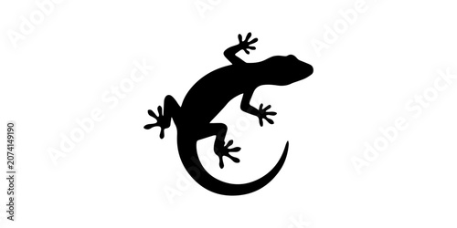 Tableau sur toile Black Gecko Silhouette on Minimalist White Background, Exotic Reptile Wildlife S