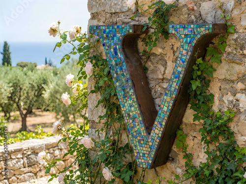 Victory mosaic tile art installation surrounded by lush greenery and blooming roses in Mediterranean-style garden with soft natural light