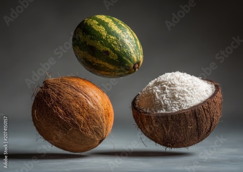 Coconut, split coconut flesh, and mini watermelon levitating