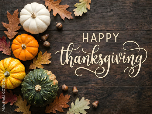 Vibrant autumn harvest pumpkins and gourds arrangement celebrating Thanksgiving holiday with rustic wooden table backdrop