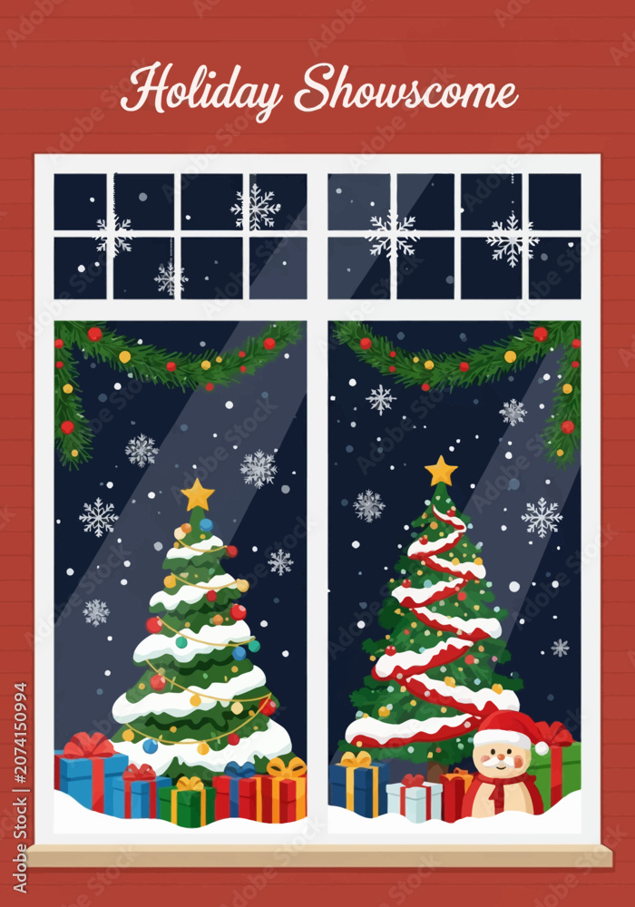 Naklejka premium Festive Christmas window display vector illustration featuring decorated evergreen trees with stars, colorful gift boxes, garlands, a snowman, and falling snow at night.