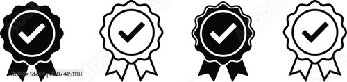 Obraz na płótnie Four black and white checkmark rosette ribbon icons for quality assurance