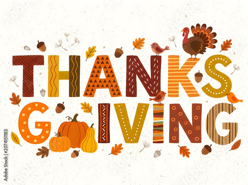 Vibrant autumnal Thanksgiving Giving celebration graphic featuring playful turkeys, pumpkins, and acorns in warm sepia-toned flat design with hand-drawn texture