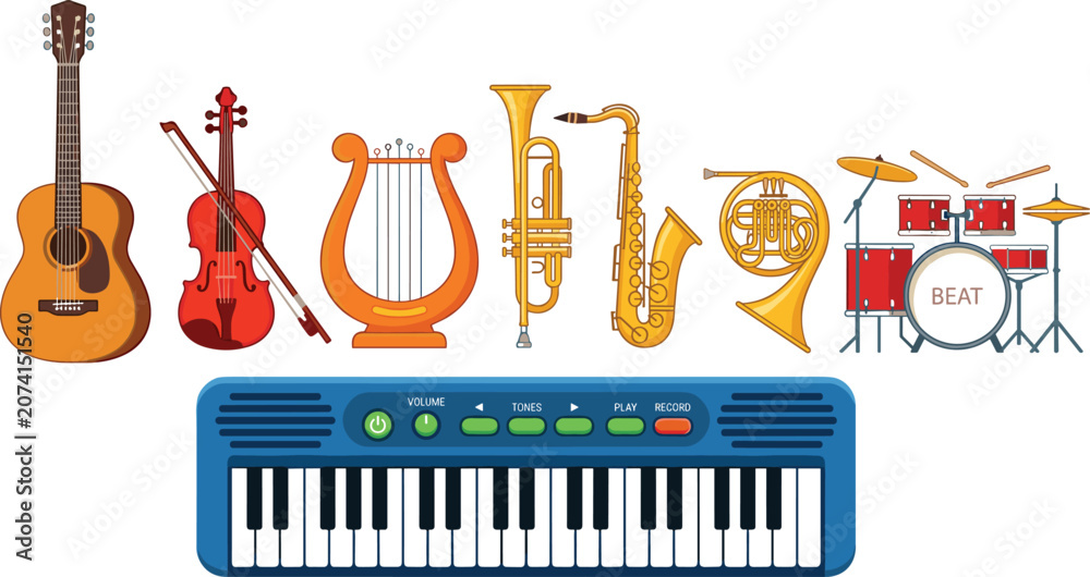 Εκτύπωση καμβά Musical instruments vector collection featuring acoustic guitar electronic keybo