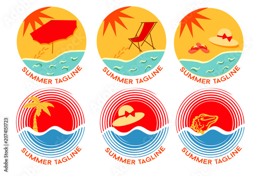 Emblems for a tropical summer vacation on an isolated transparent background featuring beach landscapes, palm trees, ocean waves, beach accessories, and seashells.

