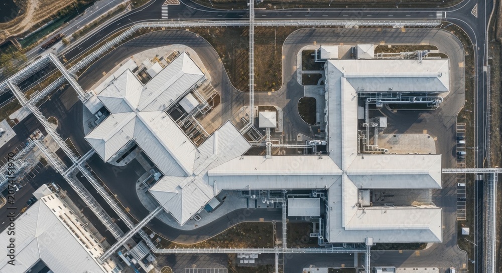 Fototapeta premium Expansive Industrial Facility with Geometric Rooflines Viewed From Above