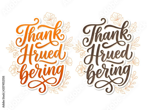 Elegant handwritten  Thank You greeting card design featuring 'Thank Hrued bering' text with autumnal leaf accents, warm sepia and burnt orange color palette, artistic calligraphy style for festive or