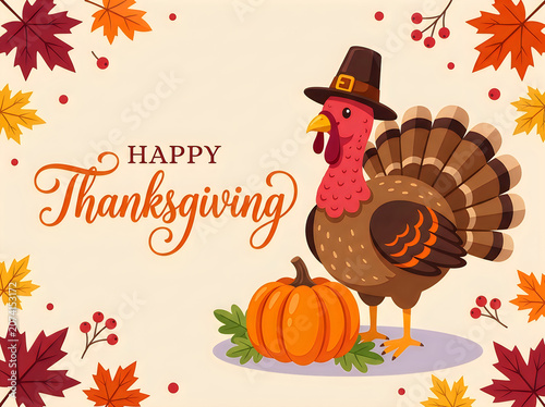 Vibrant Thanksgiving illustration featuring stylized cartoon turkey wearing pilgrim hat surrounded by autumn leaves, pumpkin, and berries with warm golden text overlay