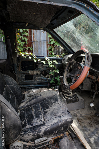 Interior of an old abandoned vehicle with worn seats and green climbing vines reclaiming the cabin.