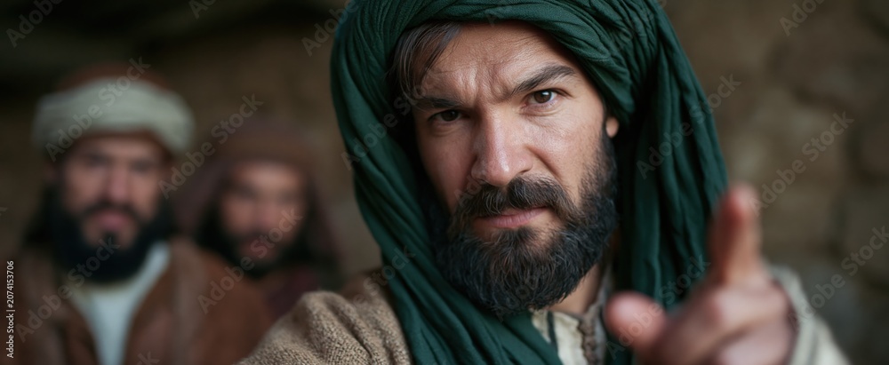 Fototapeta premium An intense historical moment showing a resolute man leading soldiers against early followers amid rugged ancient surroundings.