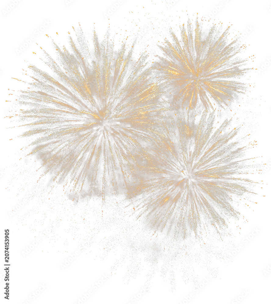 Obraz premium Golden fireworks burst with sparkling particles isolated on transparent background PNG