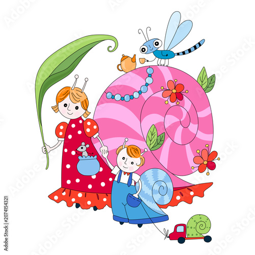 Cute mother snail and her son with toy truck walk. Fairytale drawing.