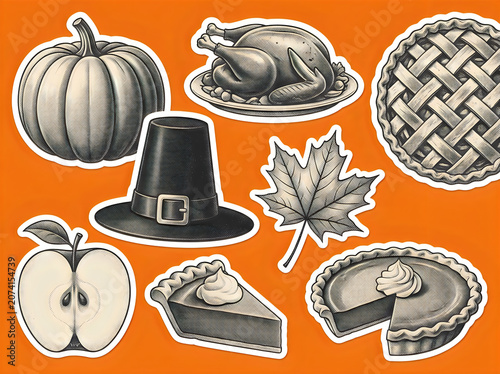 Vintage-inspired Thanksgiving illustration collection featuring roasted turkey, pumpkin, pie, and autumn harvest elements on warm orange background