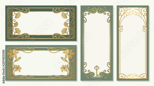 Art Nouveau Floral Frames, Borders, Decorative Elements, Golden Design