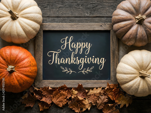 Vibrant autumnal Thanksgiving celebration with rustic wooden frame chalkboard sign reading 'Happy Thanksgiving' surrounded by pumpkins and dried leaves under soft studio lighting