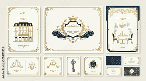 Elegant Vintage Stationery Set: Hotel, Crest, Table Setting, Key, Business Cards
