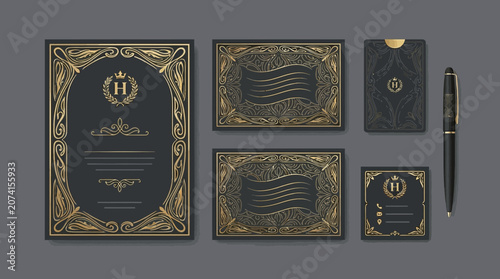 Elegant Vintage Stationery Set with Ornate Golden Borders and 'H' Monogram