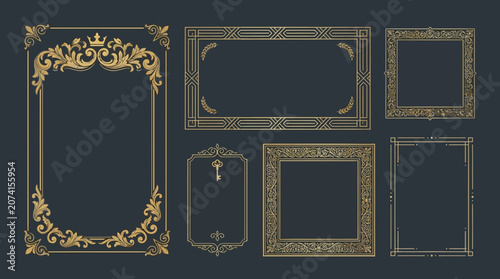 Ornate and decorative vintage gold frames set on dark background