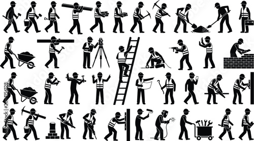 Schilderij op canvas Construction Worker Silhouette Set Building Labor Construction Industry Vector