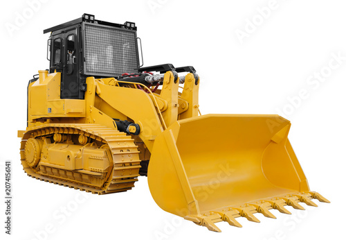 Yellow bulldozer with a large blade isolated on a white transparent background. The front part of the machine is yellow and the back part is black.