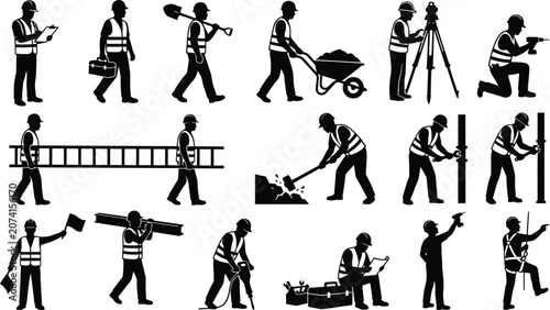 Foto Construction Worker Silhouette Set Building Site Tools Engineering Activities V