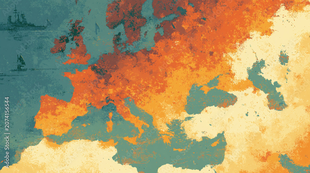 Fototapeta premium Extreme Heat Map of Europe – Abstract Temperature Visualization, Climate Change Illustration Heatwave Warning Map Illustration – Textured Europe Terrain, Rising Temperature Concept