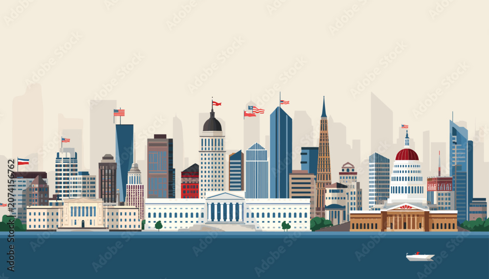 Obraz premium Vector illustration of a modern cityscape with a prominent government building and skyscrapers along a waterfront.