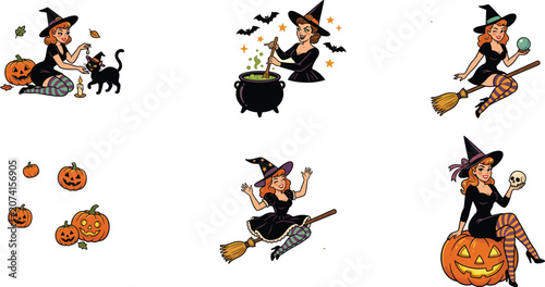 Tableau sur toile Vintage Halloween witch vector illustration set with retro pinup characters pum