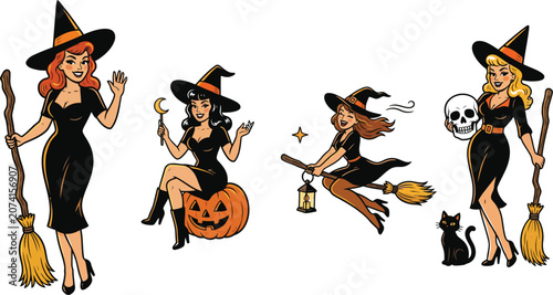 Canvastavla Vintage Halloween witch vector character set with retro pinup girls pumpkins an