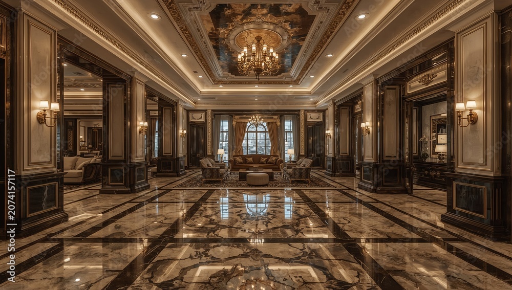 Obraz premium Luxurious hotel lobby interior with marble floors and ornate ceiling lighting.