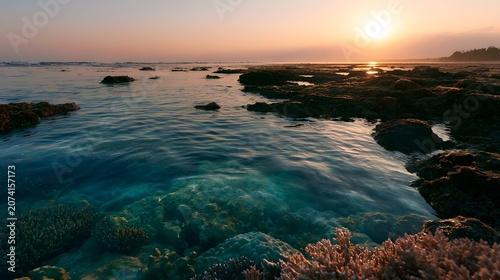Azure coral reef water reflects the warm golden sunset creating a serene and wondrous underwater landscape