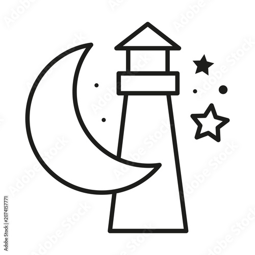Lighthouse moon marine navigation features linear vector element. Visualizes sea ocean travel and coastal safety guidance.