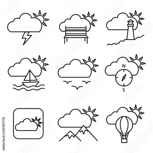 Weather travel vacation icon set features linear vector element. Represents autumn storm climate and morning sky adventure.
