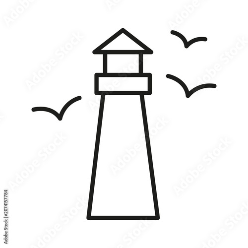 Lighthouse bird marine navigation features linear vector element. Visualizes sea ocean travel and coastal safety guidance.