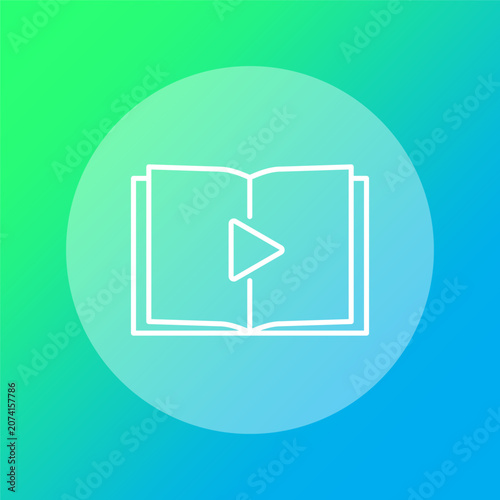 Audiobook play media button features colorful vector element. Enhances digital education library and online learning process.