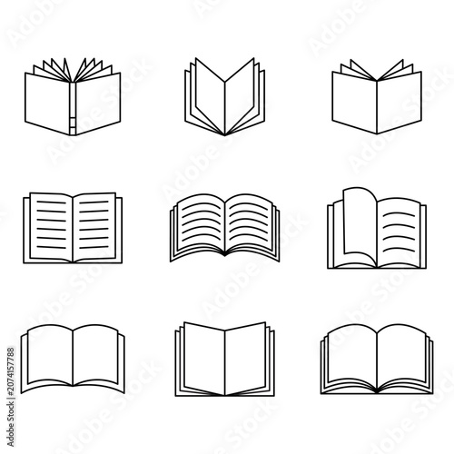 Book reading education icon set features linear vector design. Visualizes library learning process and school literature study.