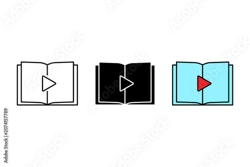 Book audiobook play button features linear vector element. Enhances digital education library and online learning process.