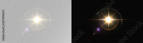 Foto Bright sun lens flare light effect with glowing halo ring starburst rays optical