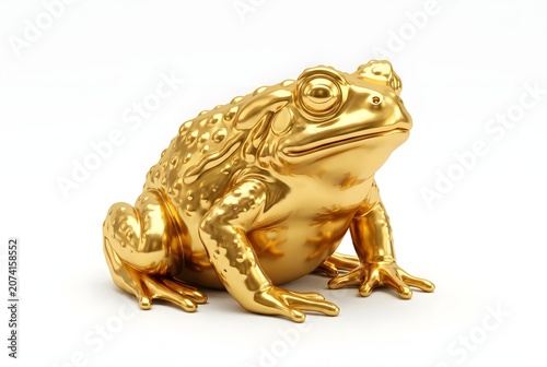 Golden frog sculpture with textured skin against a clean white background