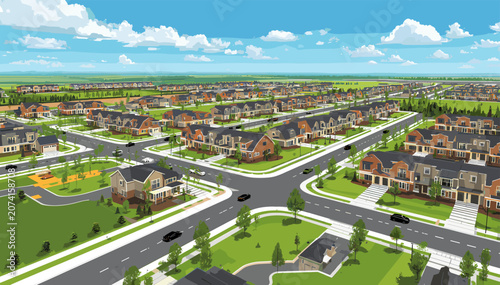 Cuadro en lienzo Aerial view of a modern suburban residential neighborhood with numerous houses, streets, and green spaces under a clear blue sky