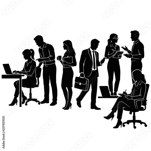 Business people, office workers, professionals, corporate team, black silhouettes isolated on White Background Silhouette