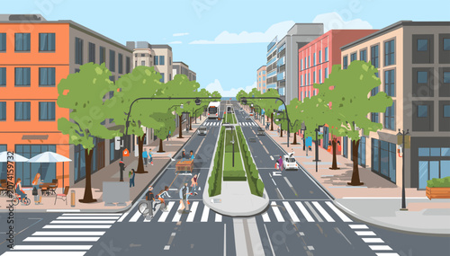 Obraz na plátně A vibrant, cartoon-style illustration of a busy city street with buildings, trees, cars, and people crossing at a pedestrian crosswalk
