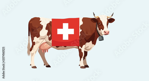 Vector illustration of a brown and white spotted Swiss dairy cow wearing a traditional metal cowbell and draped with the red and white Switzerland national flag, isolated on background.