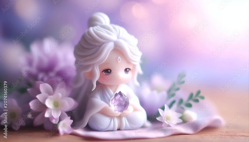 Fototapeta premium Miniature fantasy figure in a soft lavender dreamlike setting holding a gemstone