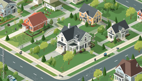 Isometric illustration of a suburban neighborhood with various houses, green lawns, trees, and roads.