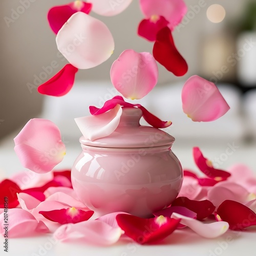 Pink Rose Petals Falling Around a Ceramic Jar.