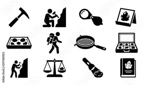 Cuadro en lienzo Mineral Collecting and Geology Silhouette Icon Set with Rock Hammer, Rockhoundin